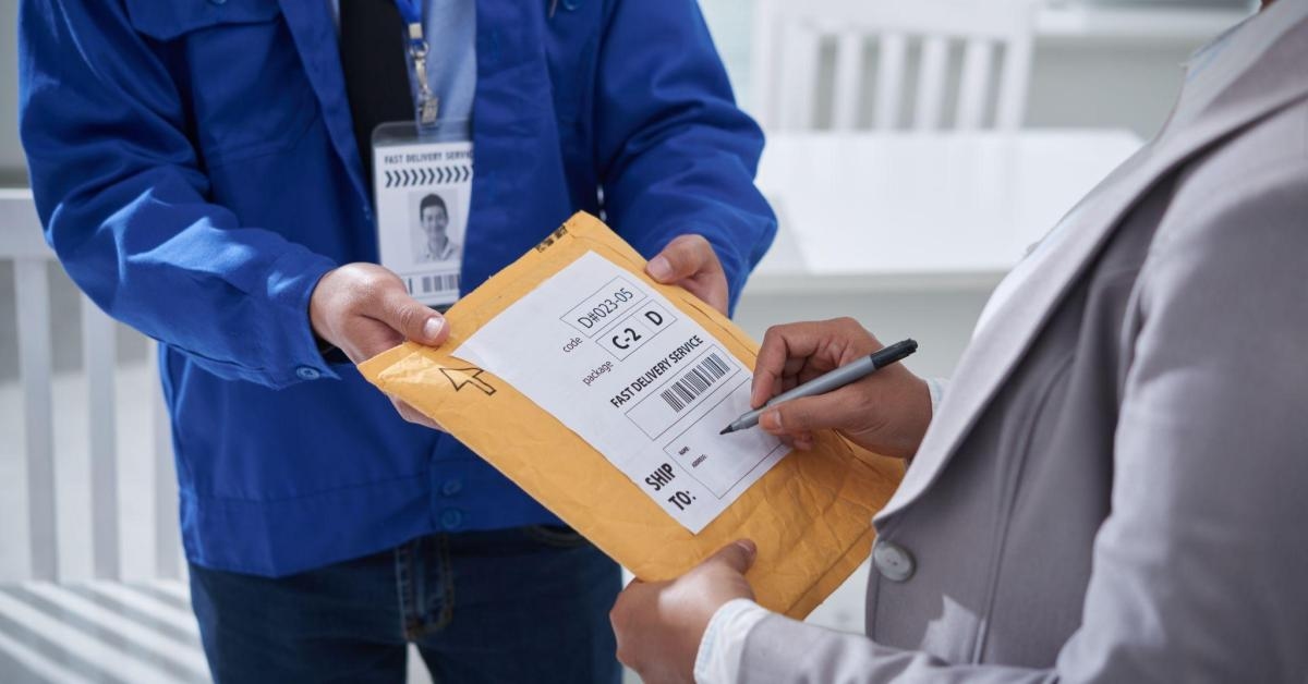 Entregador mostrando etiqueta com exemplo de remetente e destinatário