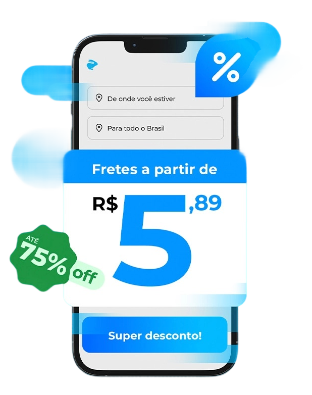 Promoção de fretes da Loggi exibida na tela de um smartphone. A imagem destaca o valor de frete a partir de R$ 5,89, com um selo verde informando desconto de até 75% off. No topo da tela, há campos de endereço com as opções "De onde você estiver" e "Para todo o Brasil", representando a calculadora de frete da Loggi